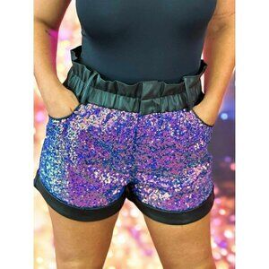 Stole The Show Vegan Leather Sequin Shorts in Black